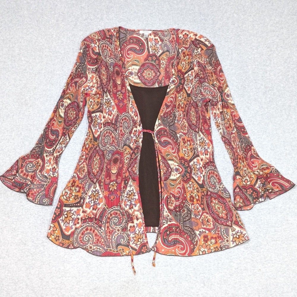 Nicola Boho Tie Front Blouse Womens Large Pleated Paisley Sheer Top Fairy Grunge